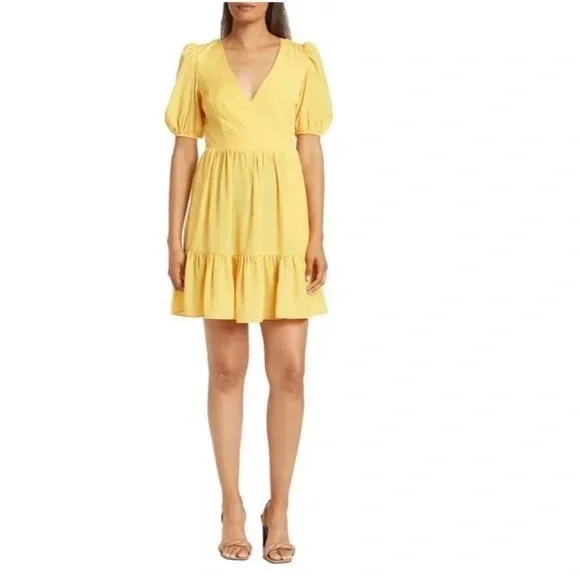 Eliza J | Dresses | Eliza J Yellow Surplice Neck Puff Sleeve Fit And Flare  Dress | Poshmark